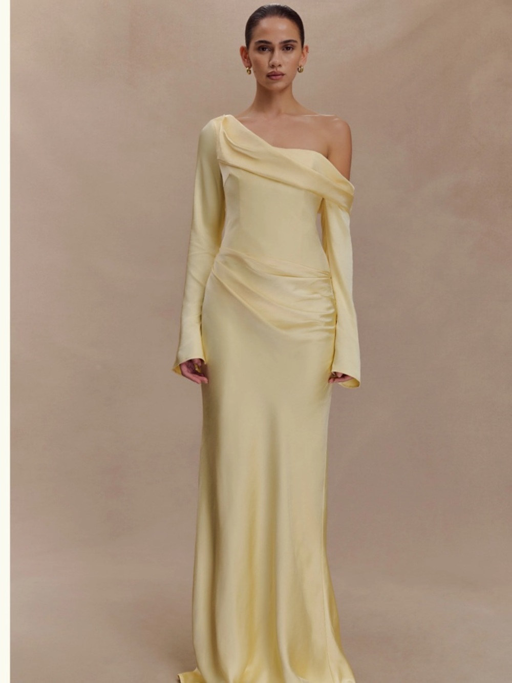Meshki Off-Shoulder Satin Gown in Butter Yellow